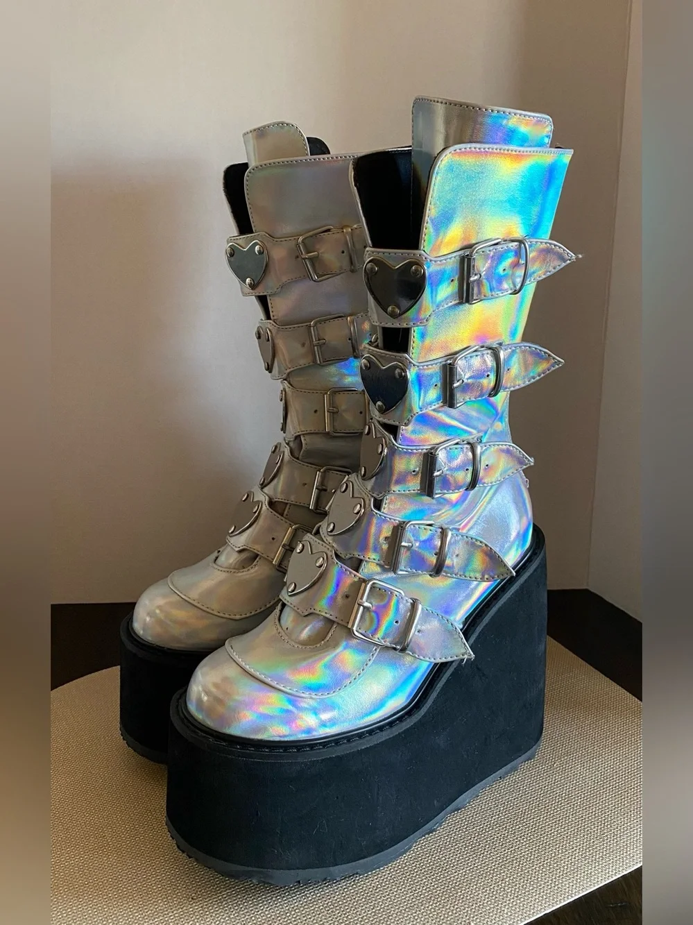 Women’s DEMONIA SWING-230 SILVER HOLOGRAPHIC PLATFORM MID-CALF BOOTS Size 7